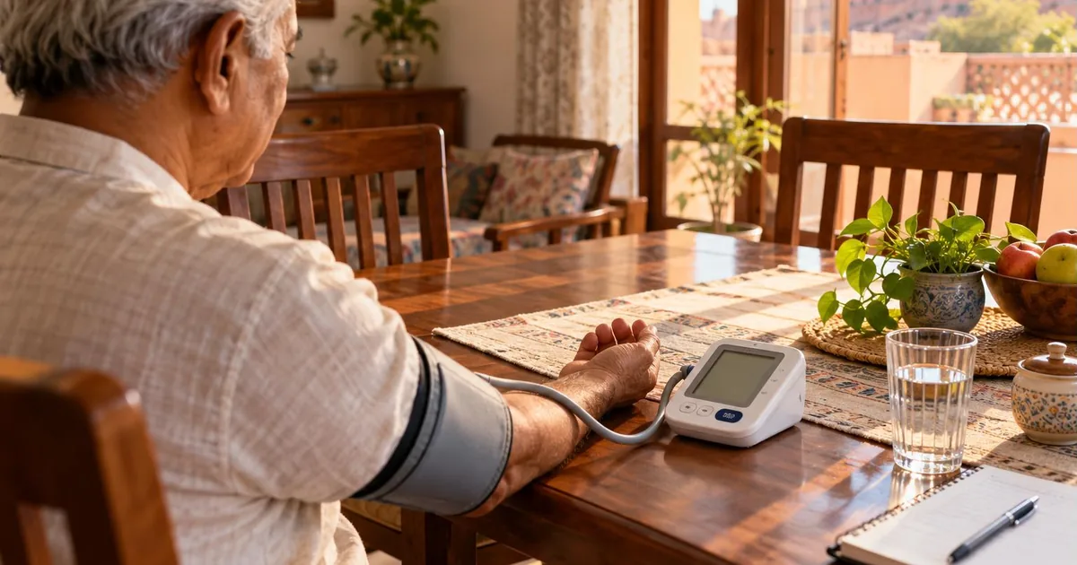 How to check blood pressure at home - older person measuring blood pressure with an upper-arm monitor at a dining table