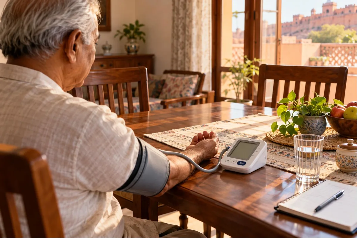 How to check blood pressure at home - older person measuring blood pressure with an upper-arm monitor at a dining table - key points