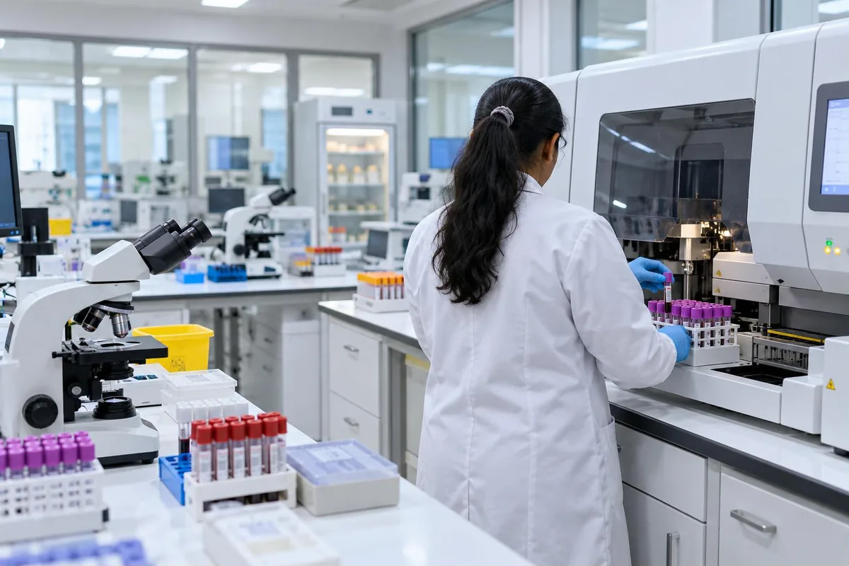NABL accredited diagnostic lab - technician placing blood sample tubes beside an automated analyser - key points